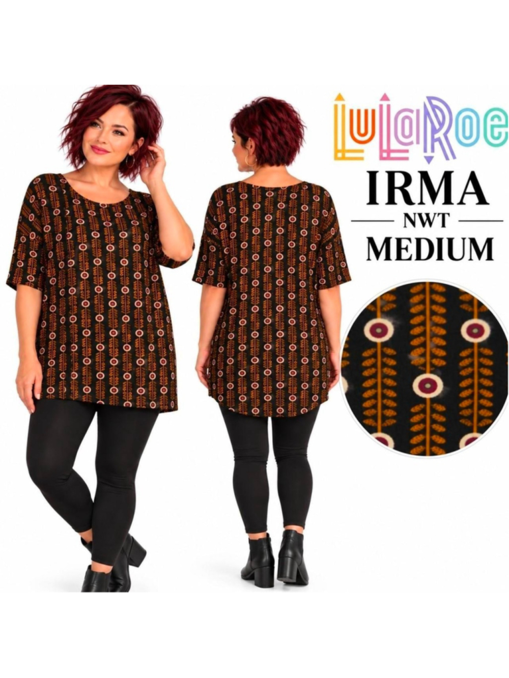 LuLaRoe Irma Tunic Top Medium NWT Black Retro Floral Geometric Print